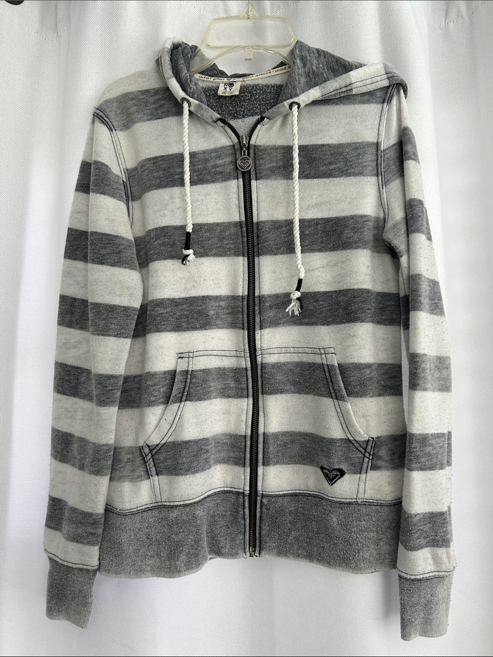 Roxy Gray and White Striped Zip Hoodie